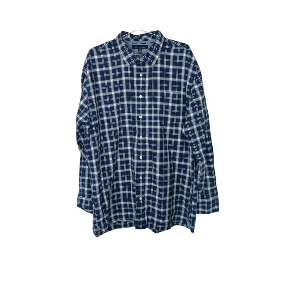 Tommy Hilfiger XXL Custom Fit Blue White Plaid Button Down Shirt Cotton Casual - Picture 2 of 16